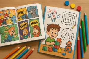 Fumetti con attività di gioco per bambini: il dettaglio grafico che guida la scelta