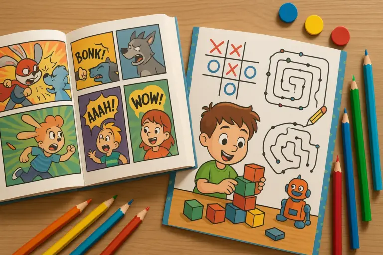 Fumetti con attività di gioco per bambini: il dettaglio grafico che guida la scelta