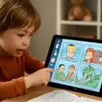 Fumetto di quattro vignette per bambini: il gioco che trasforma tre oggetti casuali in una storia