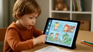 Fumetto di quattro vignette per bambini: il gioco che trasforma tre oggetti casuali in una storia