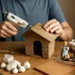Collage con foglie secche e rametti: costruire una casetta su cartone